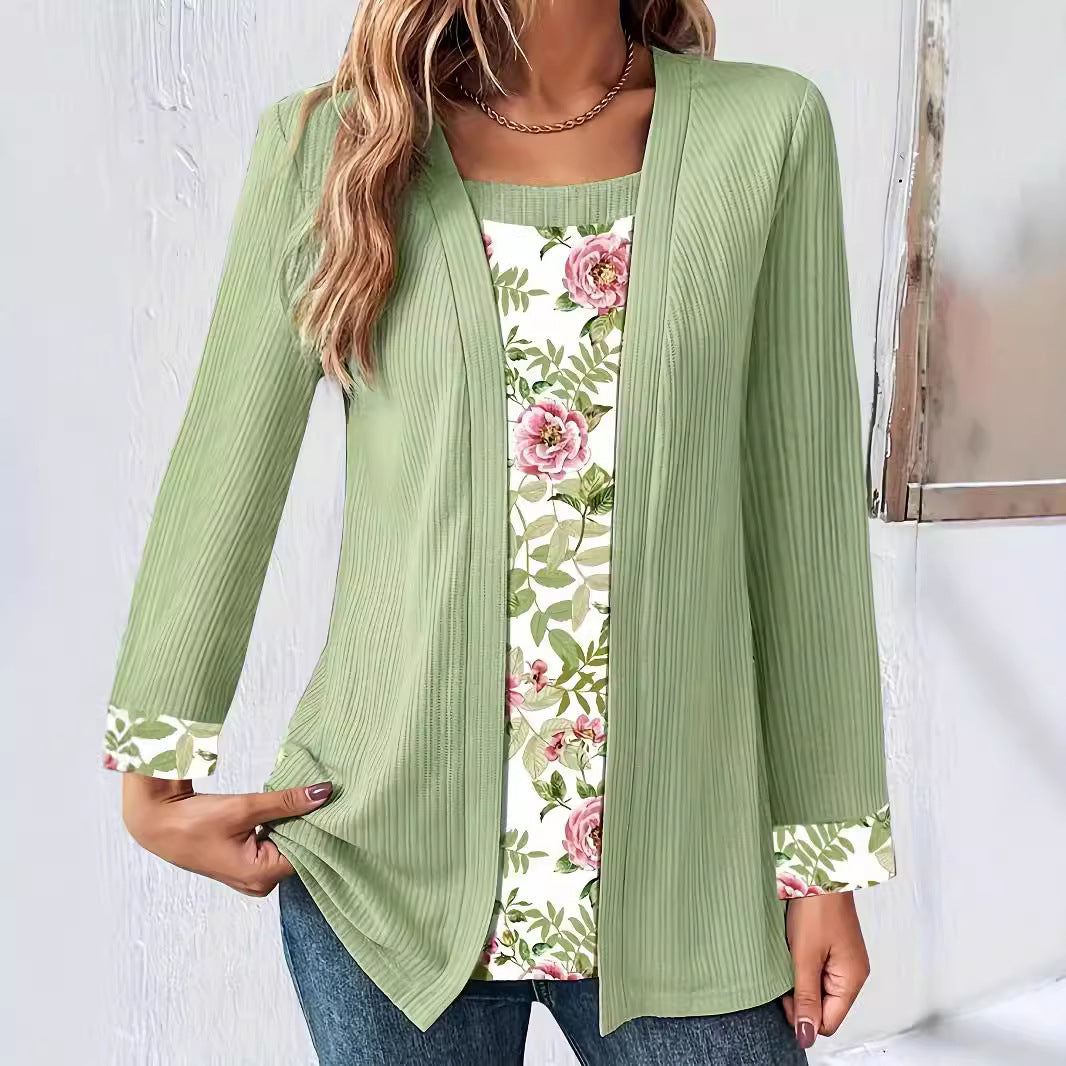 Women's Solid Color Printing Stitching Faux Two-piece Set Women's T-shirt