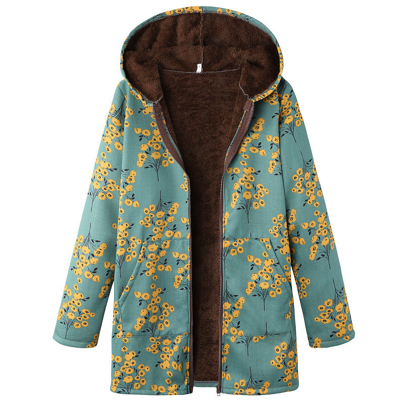 Women's Long-sleeved Zipper Hooded Thickened Composite Printed Dresses