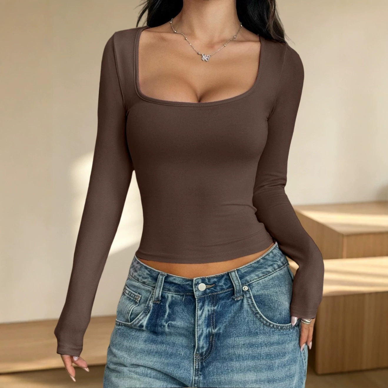 Women's Long-sleeved Autumn Slimming Hot Fashionable Wear Solid Color Women's T-shirt