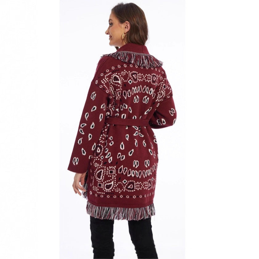 Red Thickened Tassel Jacquard Mid-length Loose Sweaters