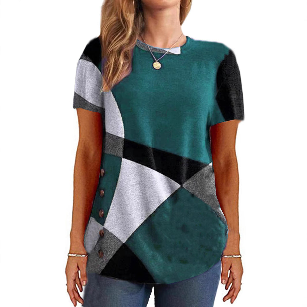 Women's French Cashmere Printing Color Contrast Sleeve Women's T-shirt