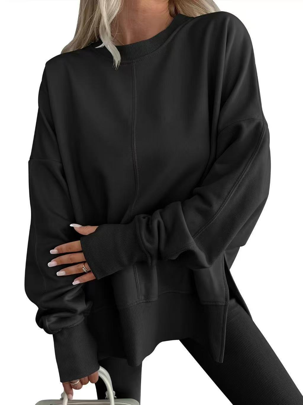 Loose Side Slit Patchwork Round Neck Bat Sleeve Sweaters