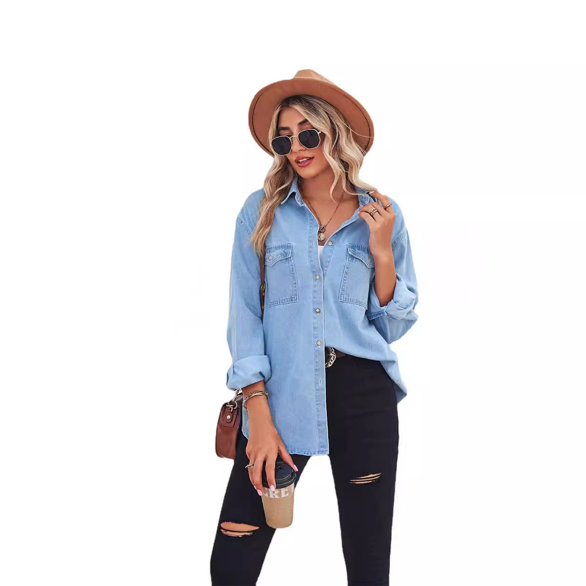 Women's Color Figure Flattering Thin Denim Long Blouses