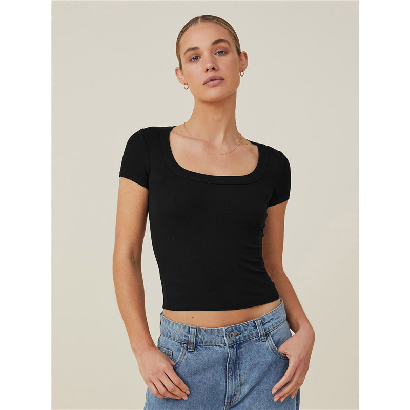 Women's Summer Cropped Slim Fit Square Collar Short-sleeved Thread Vests