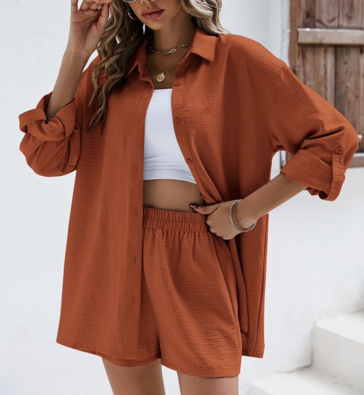 Women's Solid Color Lapel Long Sleeve Shirt Elastic High Waist Fashion Casual Suit