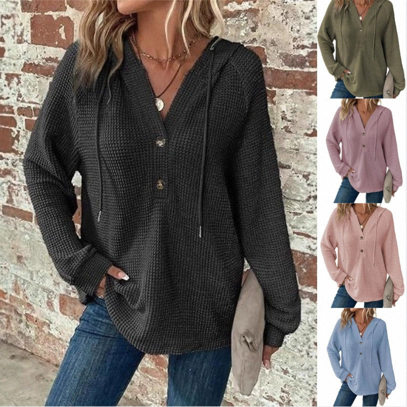 Women's Casual Waffle Knitted Drawstring Collar Decorated With Buttons Long Sleeve Women's Sweater, Sweater