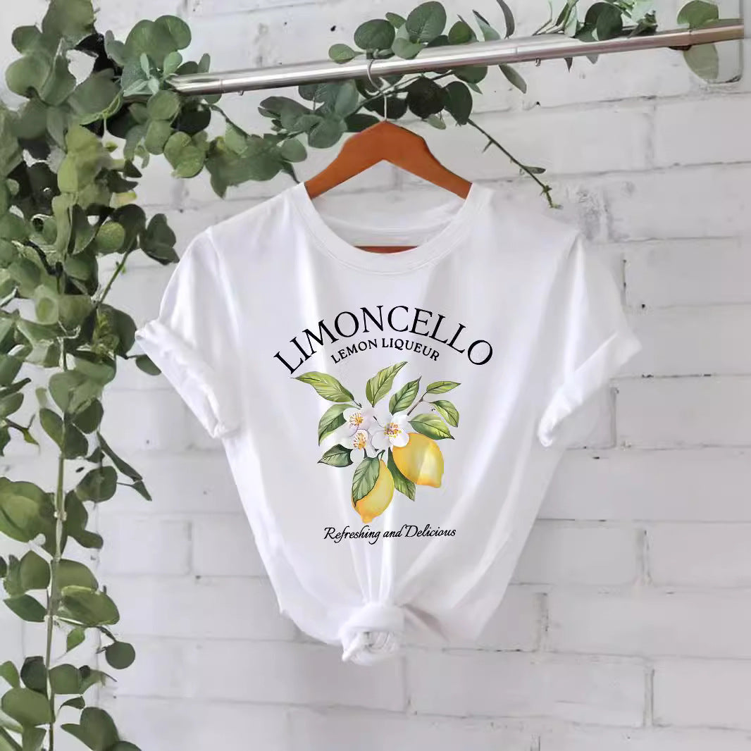 Women's Cotton Summer Sleeve Round Neck American Lemon Pattern Printed Shorts