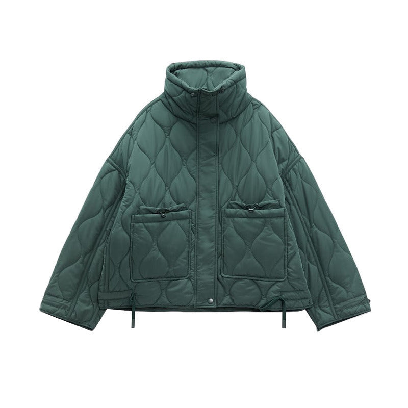 Women's Pocket Decoration Loose Long Sleeve Stand Collar Rhombus Jackets