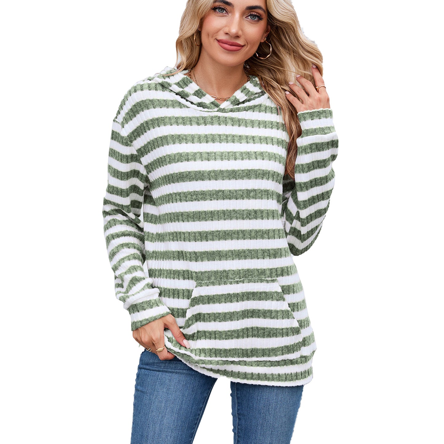 Women's Striped Hooded Pocket Loose Long Sleeve Women's Sweater, Sweater