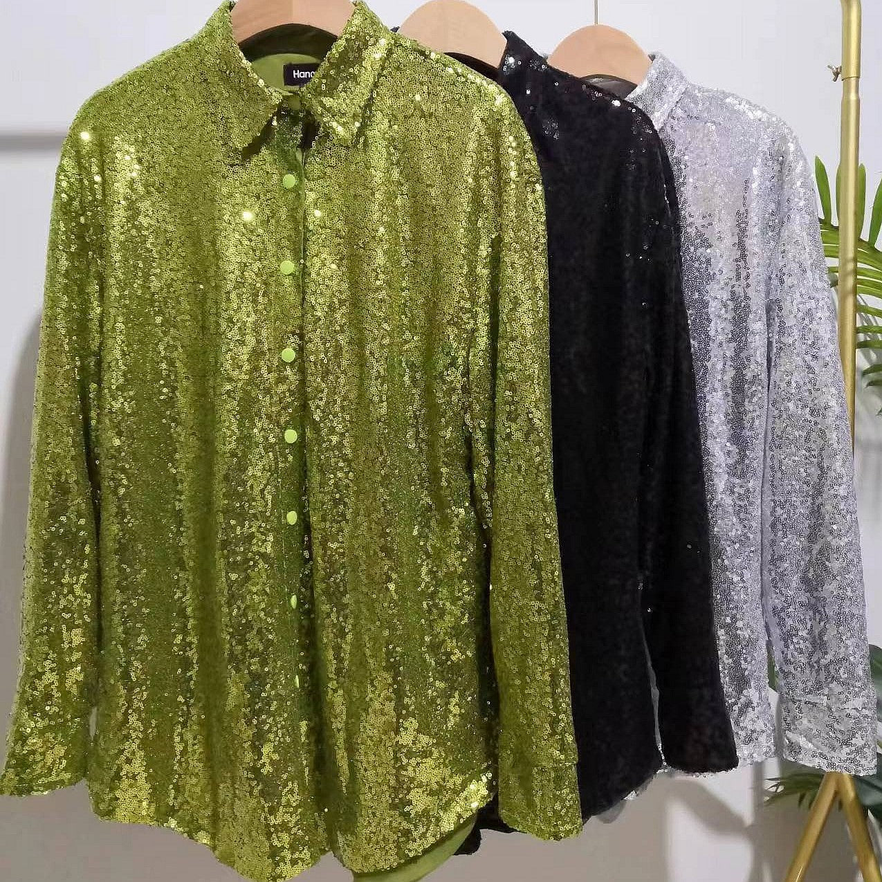 Women's Long Sleeve Loose Large Mid-length Sequined Blouses