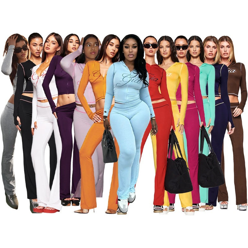 Women's Hooded Long Sleeve Thumb Hole Slightly Flared Two-piece Suits