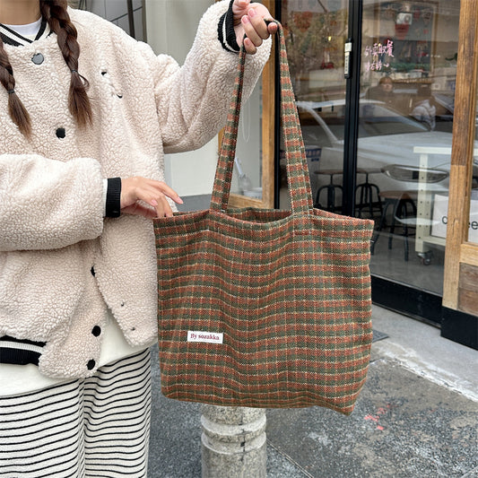 Women's Large Capacity Vintage Woolen Plaid Portable Shoulder Bags