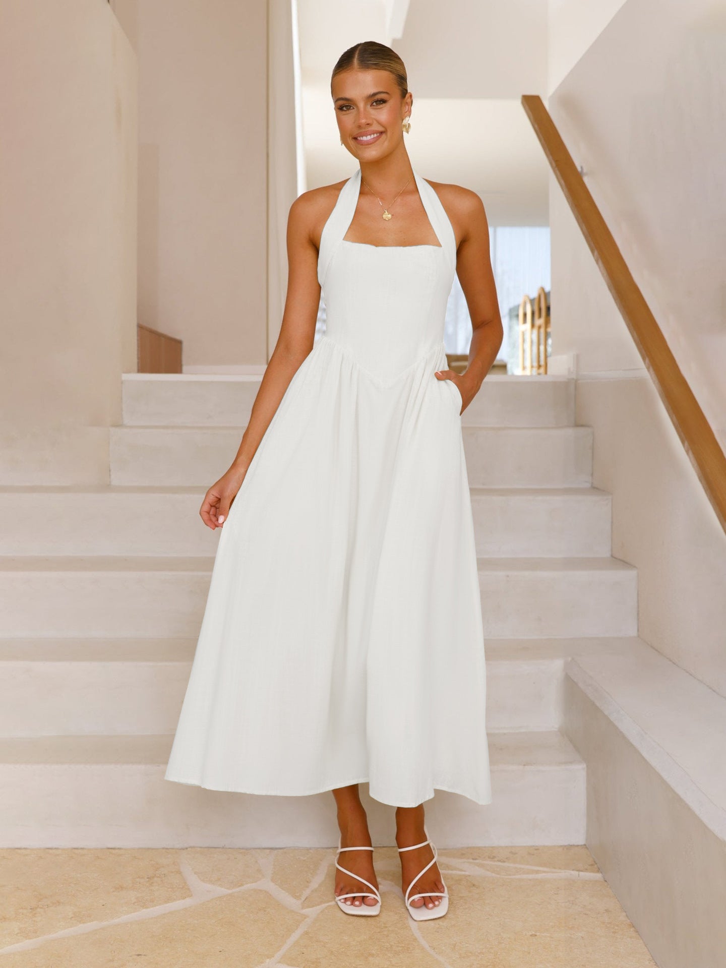 Women's Temperament Pure Color Square Collar Sleeveless Halter Dress