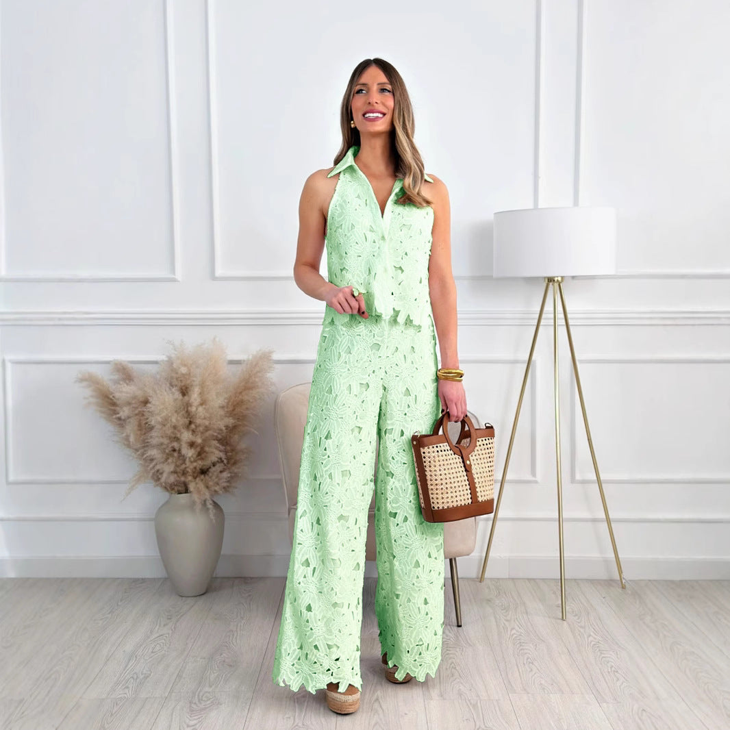 Summer French Style Embroidered Hollow Straight Fashion Casual Suit
