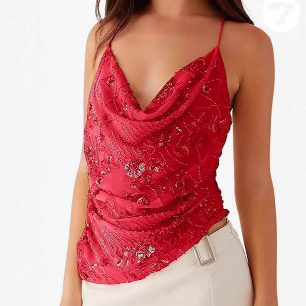 Sequined Summer Sleeveless Back Strap Sexy Backless Tops