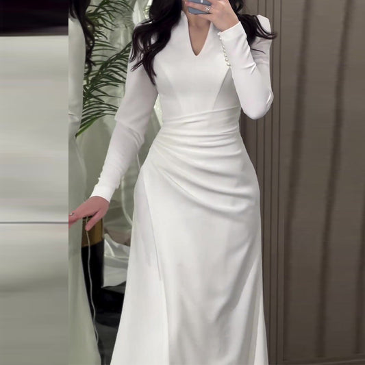 Color Slim Fit Gentle Pleated Long Dresses