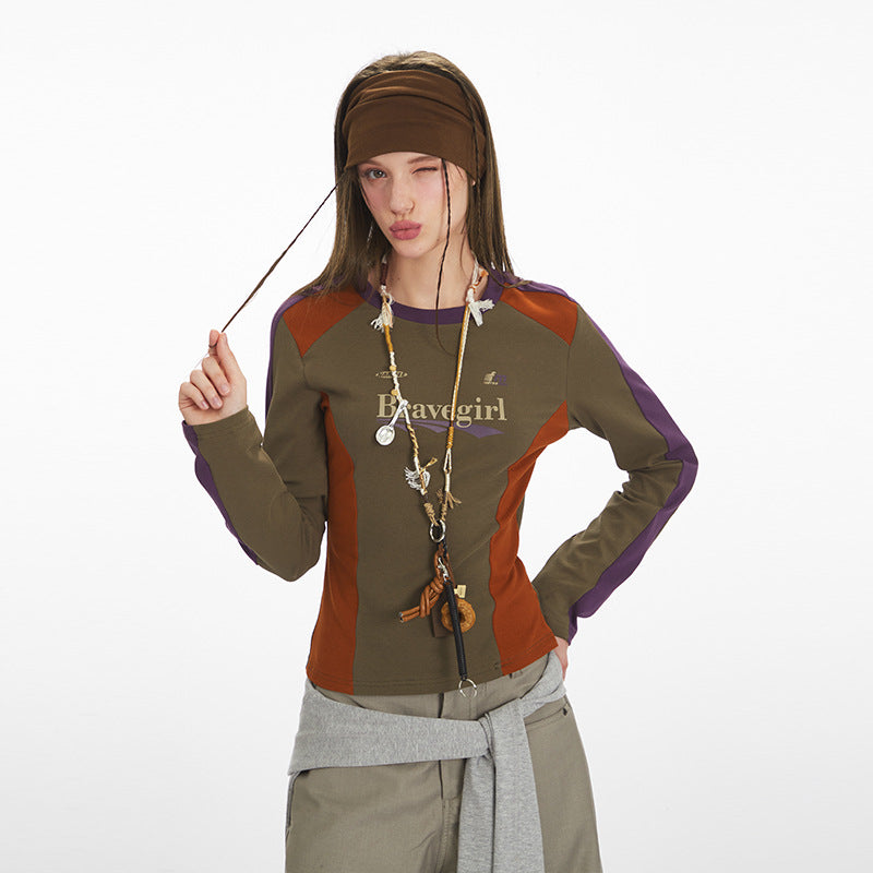 Women's Retro Long Sleeve T-shirt Contrast Color Inner Blouses