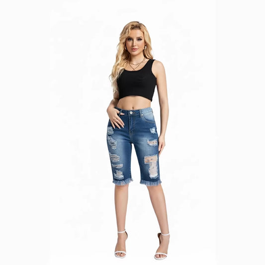 Women's Summer Street Tassel High Stretch Straight Fifth Ripped Jeans