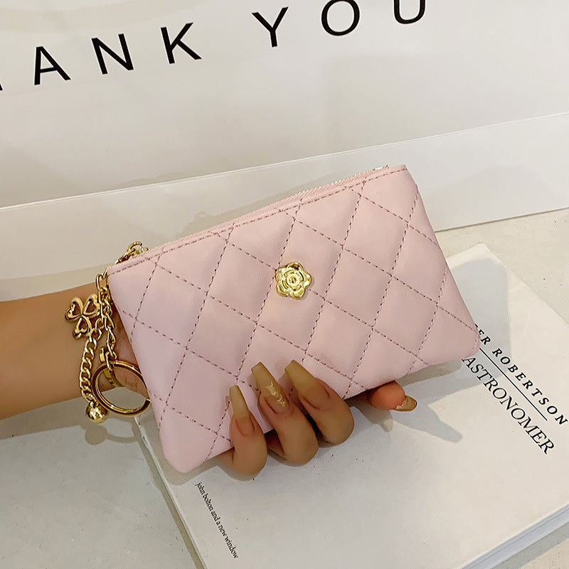 Women's Thin License Clamp Camellia Diamond Zipper Ladies Wallets