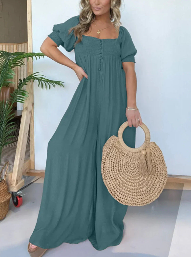Pure Color Puff Sleeve Pleated Siamese Skirts