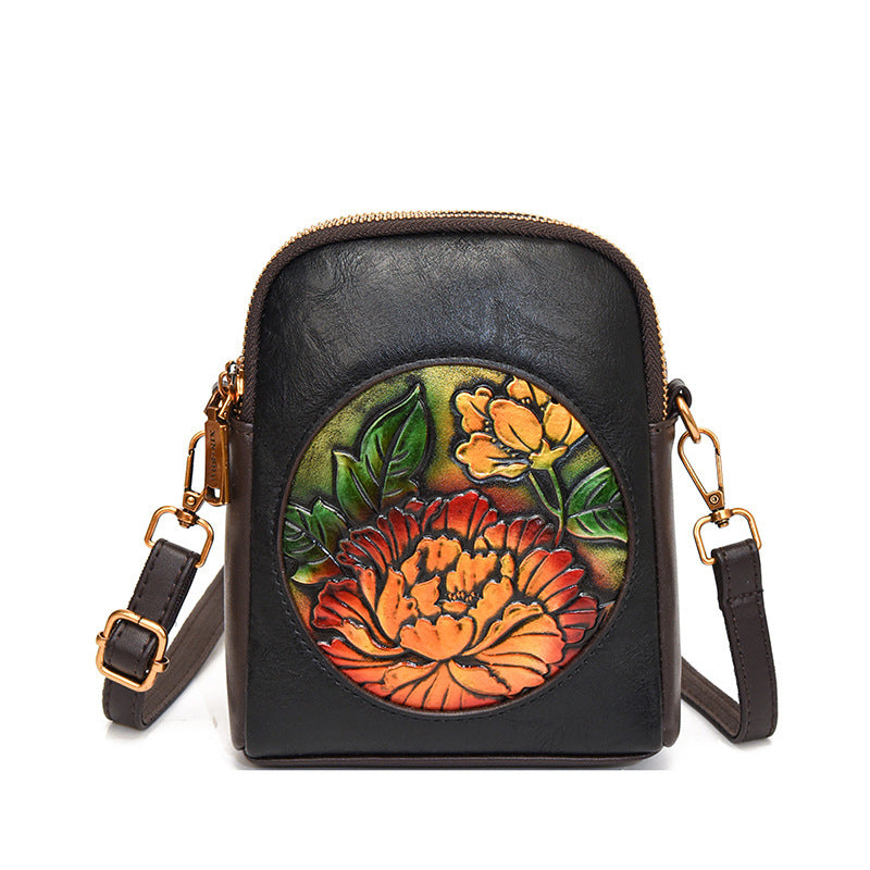 Women's Beautiful Ethnic Leather Carved Peony Phone Bags