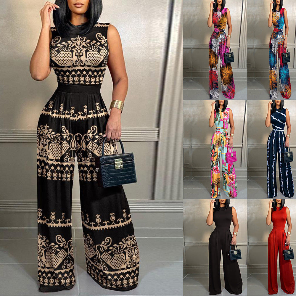 Women's Spring Casual Trousers Printed Sleeveless Women's Jumpsuit/clothing