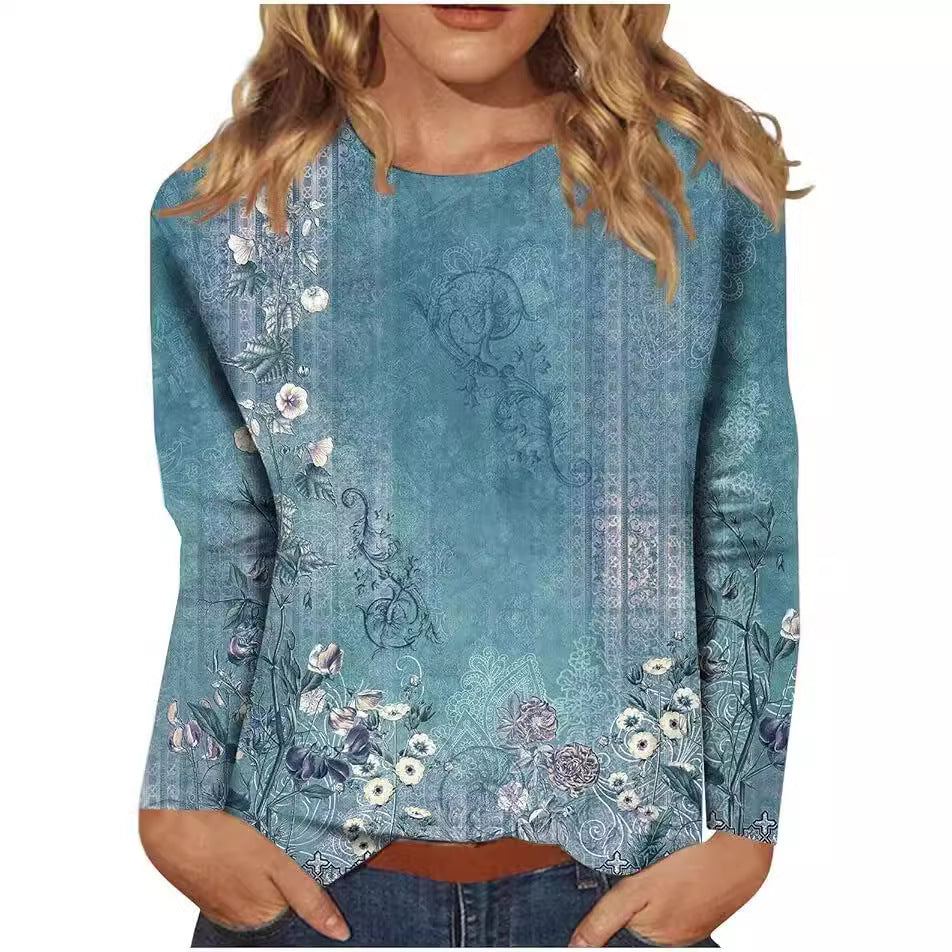 Women's Round Neck Long Sleeve Loose Print Tops