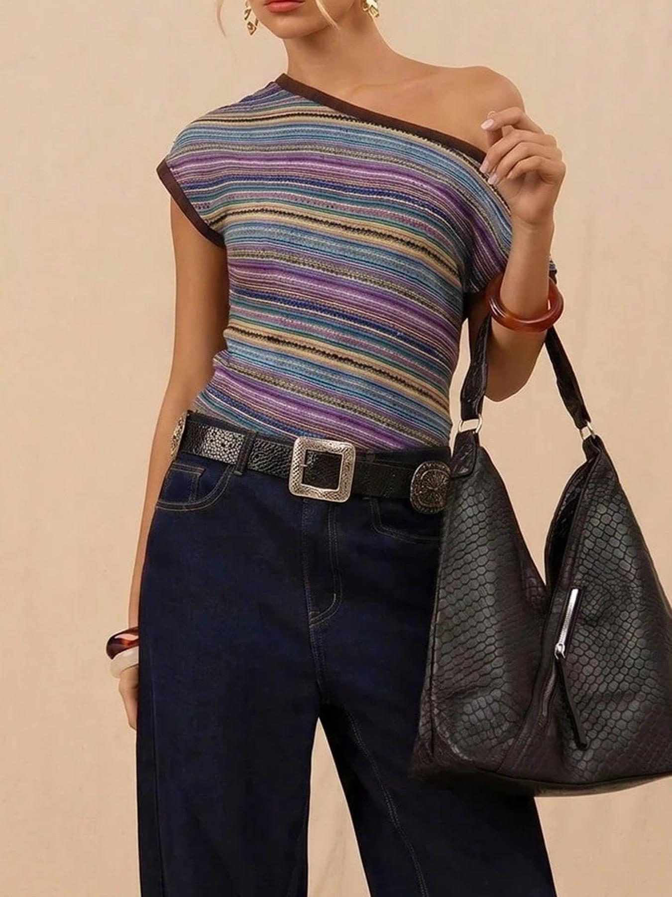 Women's Striped Retro Colorful Knitted Contrast Colors Sleeve Shoulder Women's T-shirt