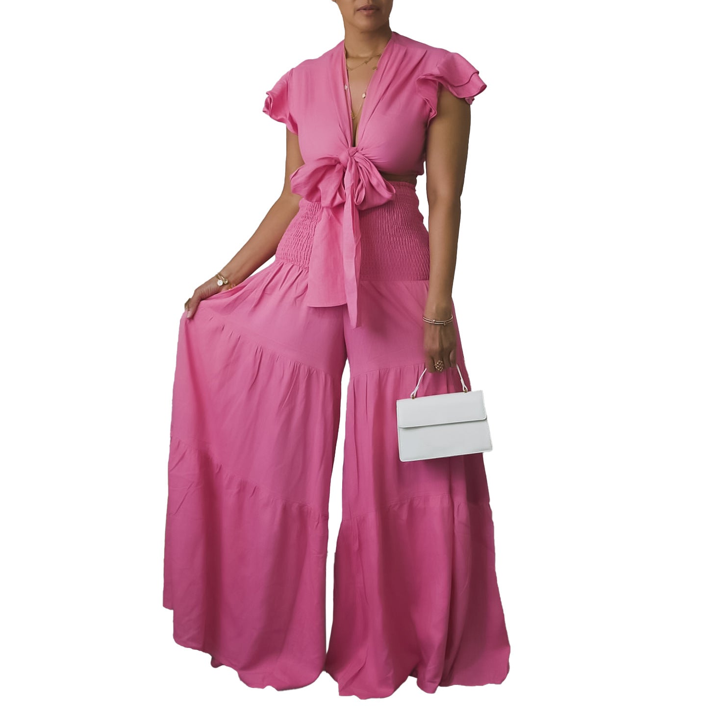 Graceful Sleeve Tied Wide Leg Two-piece Pants
