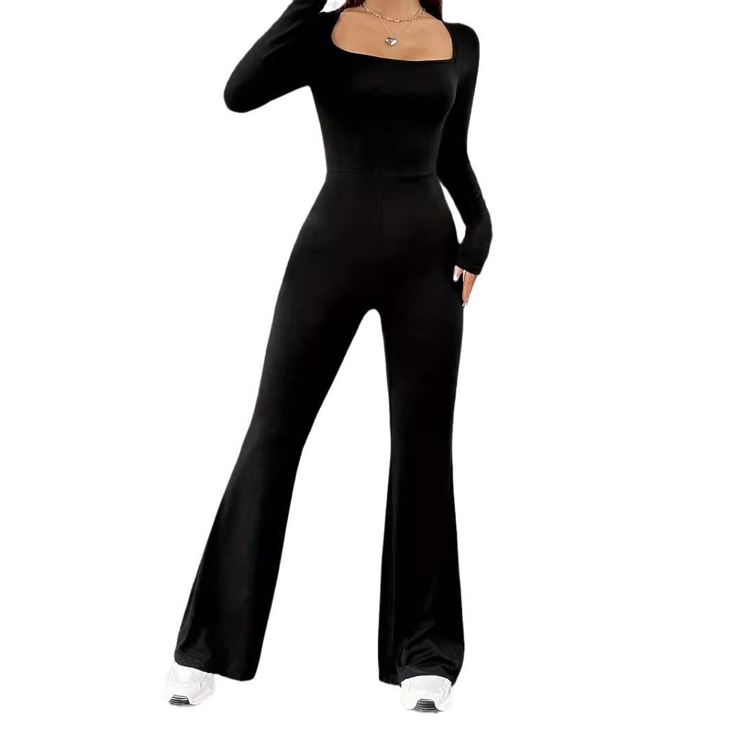 Women's Square Collar Long Sleeve Flared Tight Women's Jumpsuit/clothing