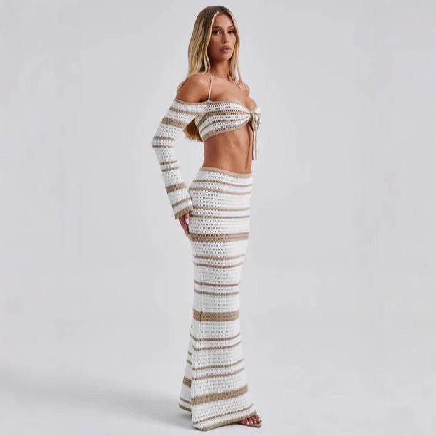 Women's Hot Summer Striped Long Sleeve Halter Two-piece Suits