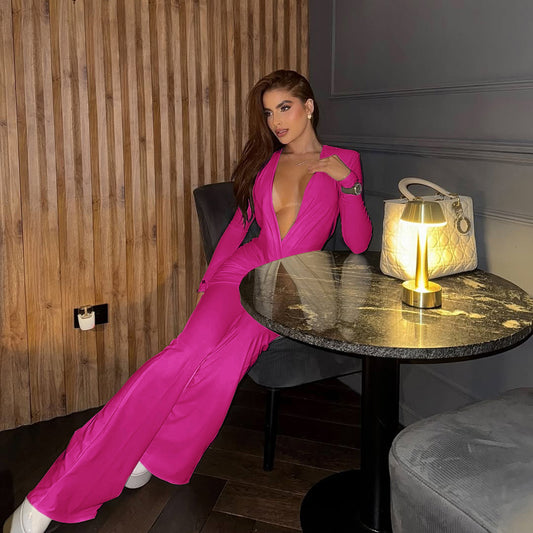 Women's Autumn Fashion Sexy Deep V Long-sleeved Jumpsuits