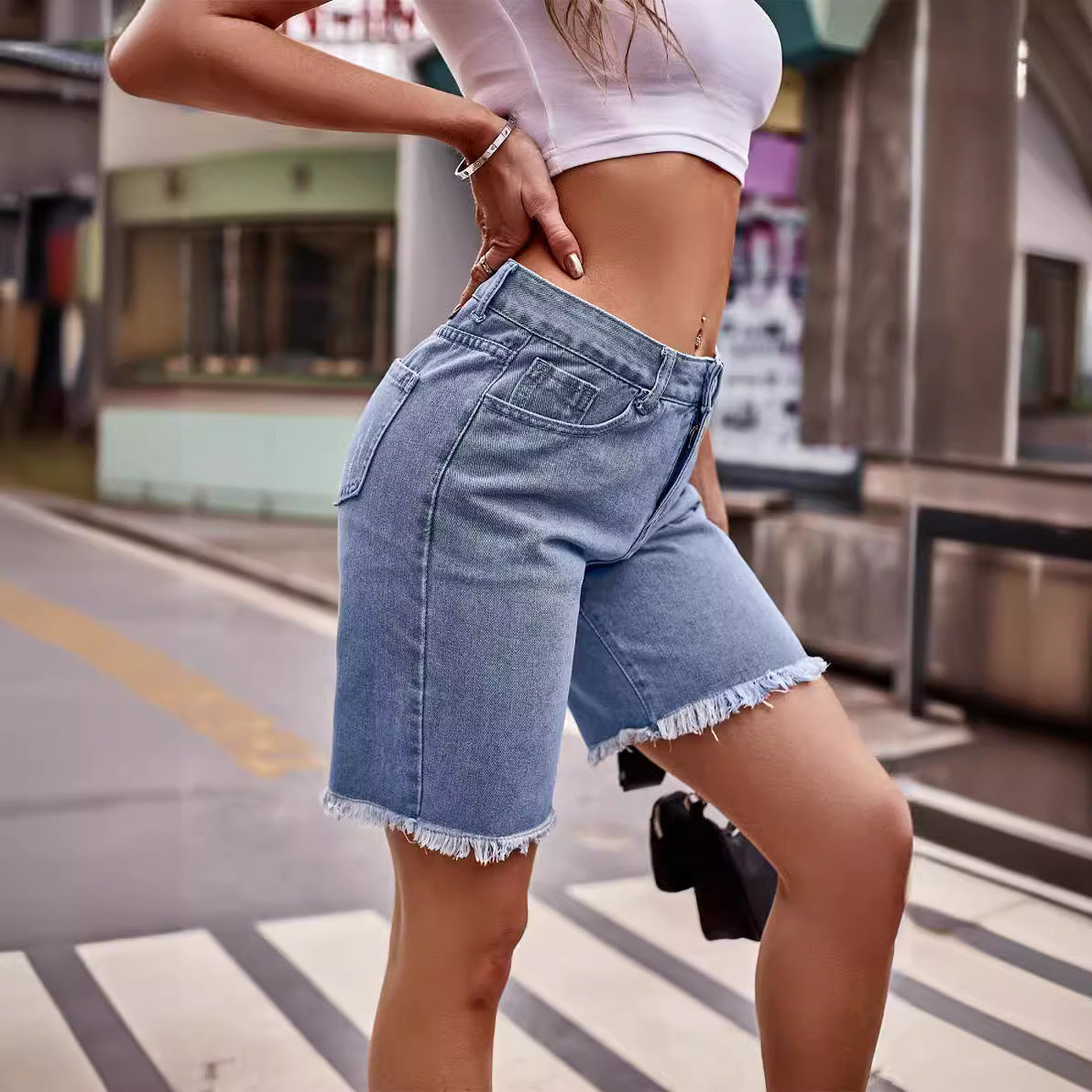 Women's Versatile Burr Denim Cropped Casual Shorts