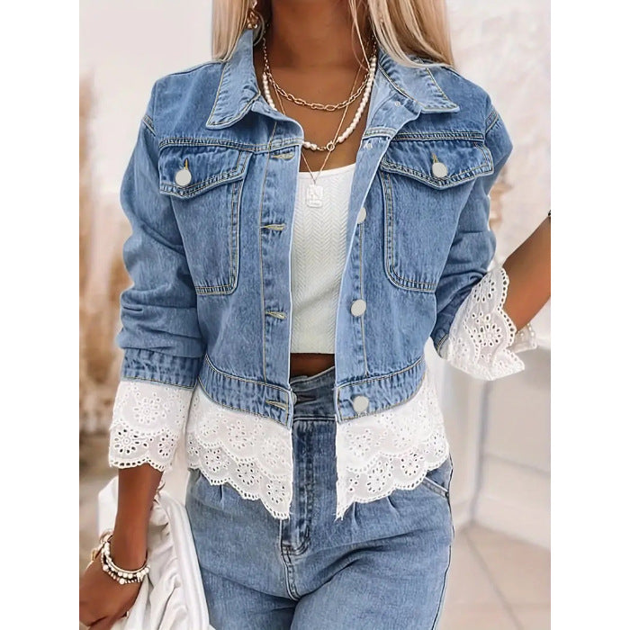 Women's Lace Stitching Fashion Denim Long Sleeve Coats