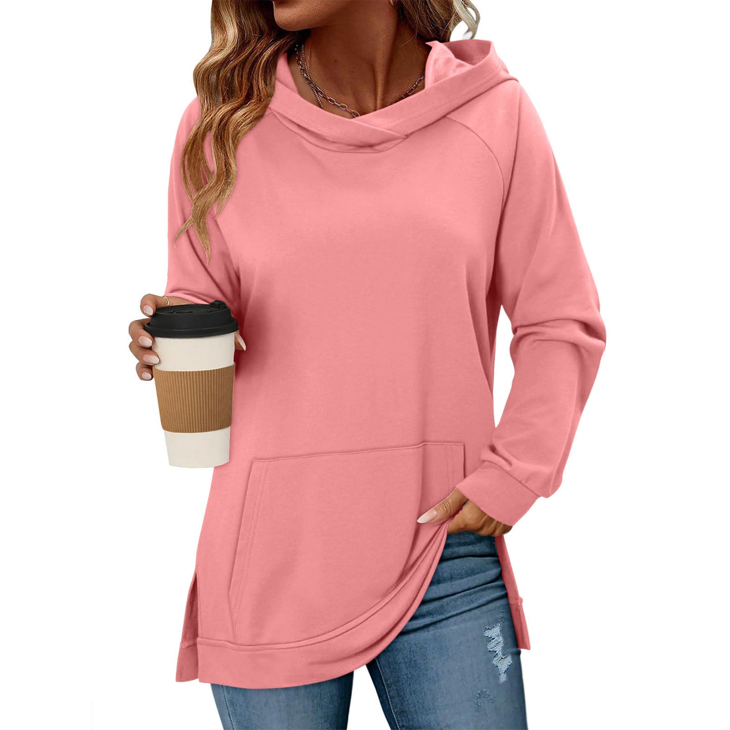 Women's Solid Color Hoodie Wipe Shoulder Long Sleeve Pocket Slit Hemline Women's Sweater, Sweater