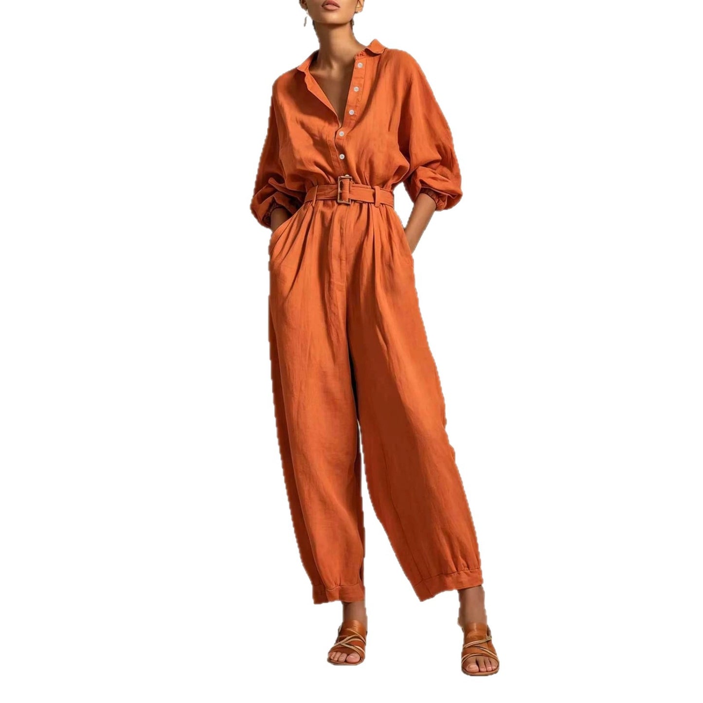 Women's Button Belt Solid Color Slim Fit Women's Jumpsuit/clothing