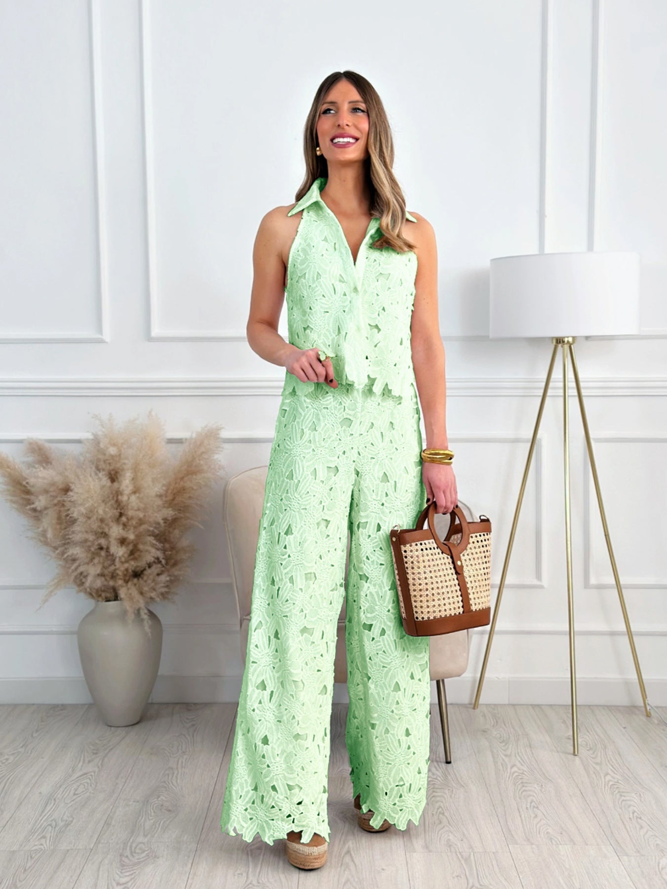 Summer French Style Embroidered Hollow Straight Fashion Casual Suit