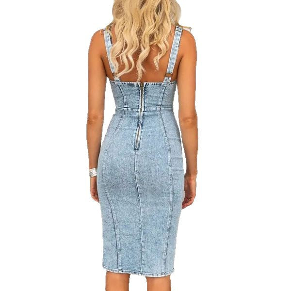 Sleeve Sling Distressed Casual Style Denim Dresses