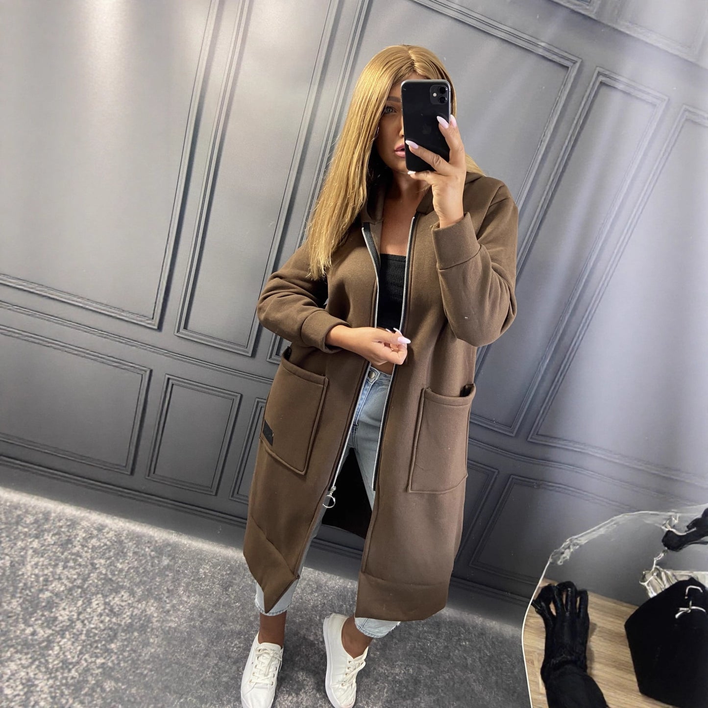 Knit Hooded Dress Brushed Hoody Casual Fashion Large Pocket Women's Sweater, Sweater