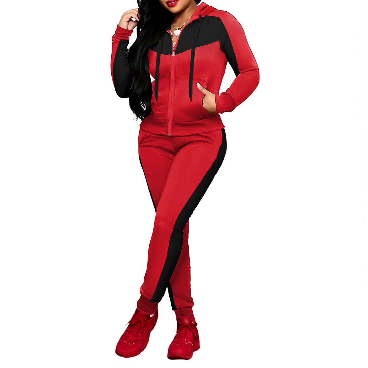 Women's Fashion Color Matching Zipper Hooded Set Suits