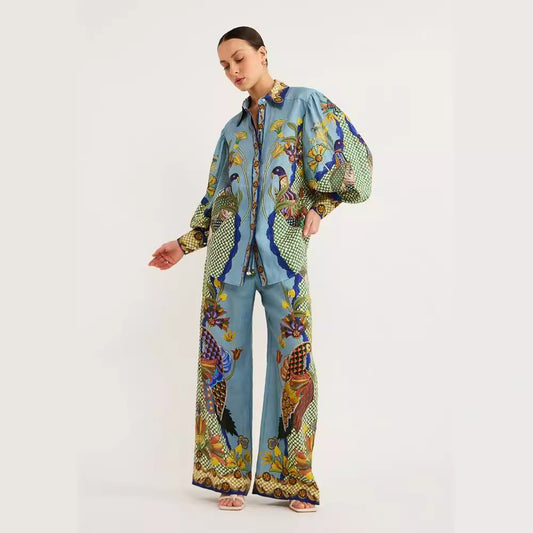 Women's Personalized Printed Puff Sleeve Vacation Lace Fashion Casual Suit
