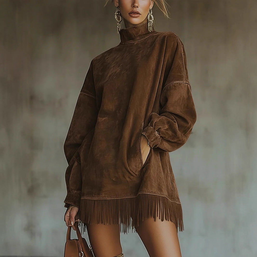 Suede Vintage Loose Pockets Tassel Long Dresses