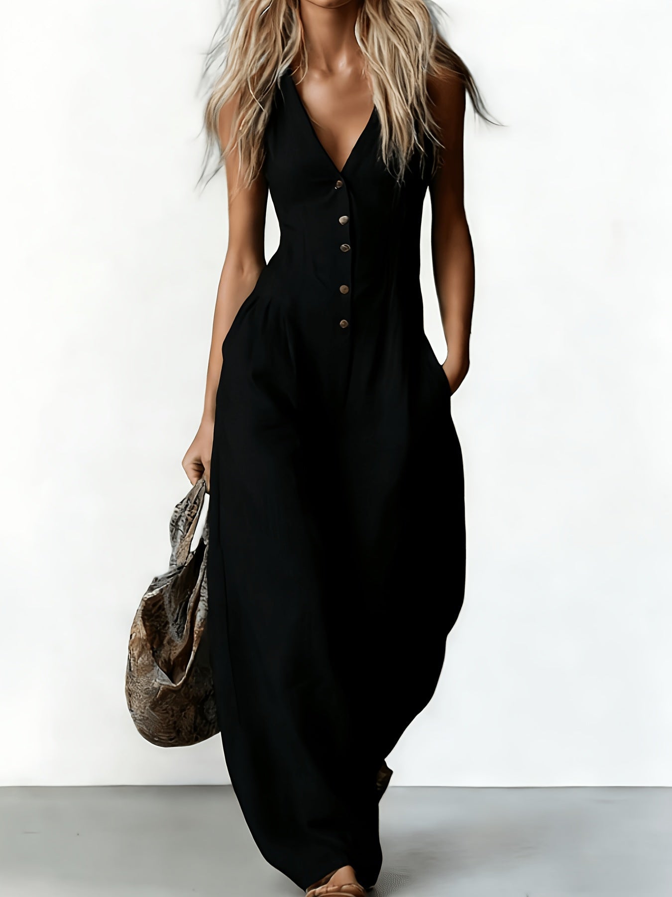 Women's Summer Sleeveless Solid Color Elegant Deep Women's Jumpsuit/clothing