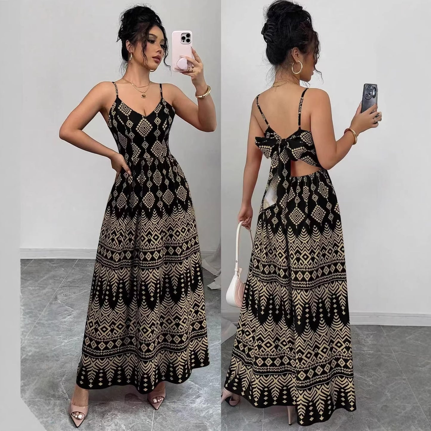 Women's Suspender Halter Character High Slit Ethnic Dress