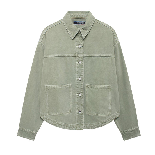 Women's Lapel Single Breasted Double Pocket Denim Blouses