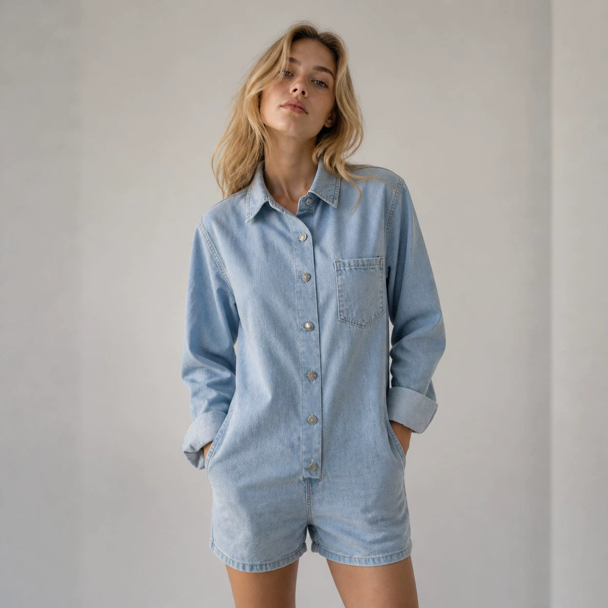 Women's Long Sleeve Casual Loose Cowboy Siamese Women's Jumpsuit/clothing