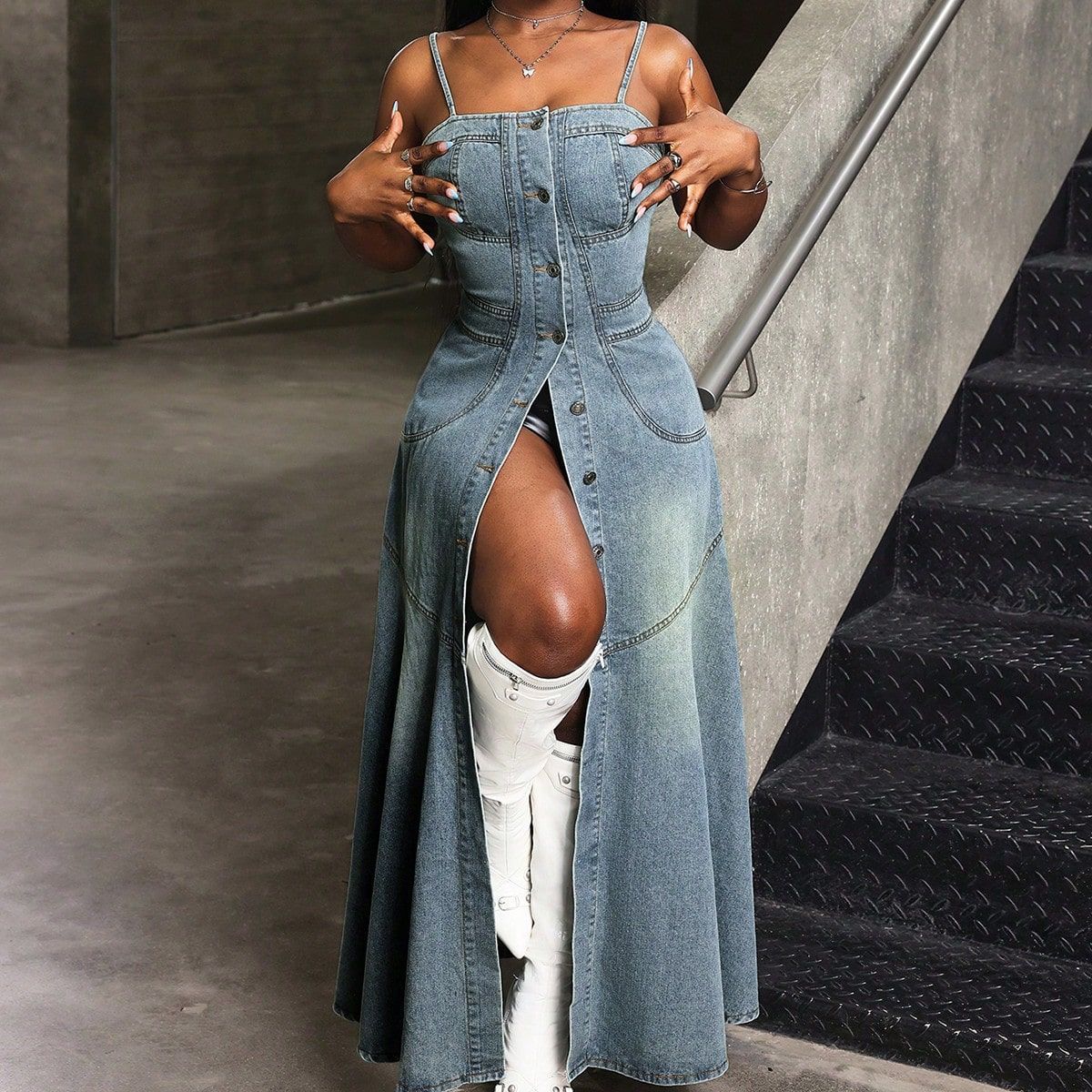 Fashionable Temperament Mid-length Single-breasted Suspender Denim Dresses