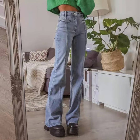 Retro Back Contrast Color Trousers Casual Jeans