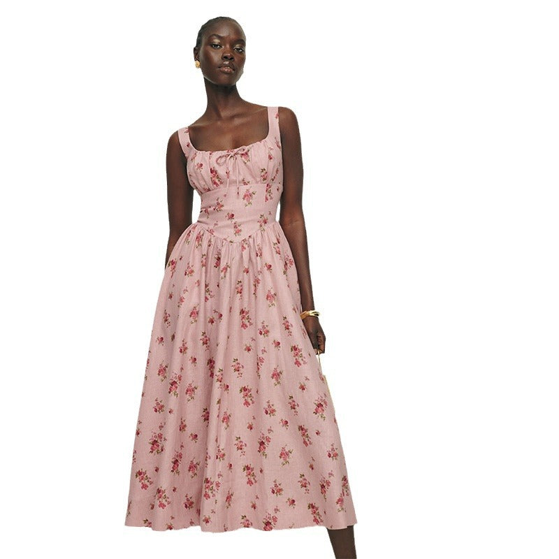 Women's Linen Pink Square Collar Mid-length Vacation Style Dresses