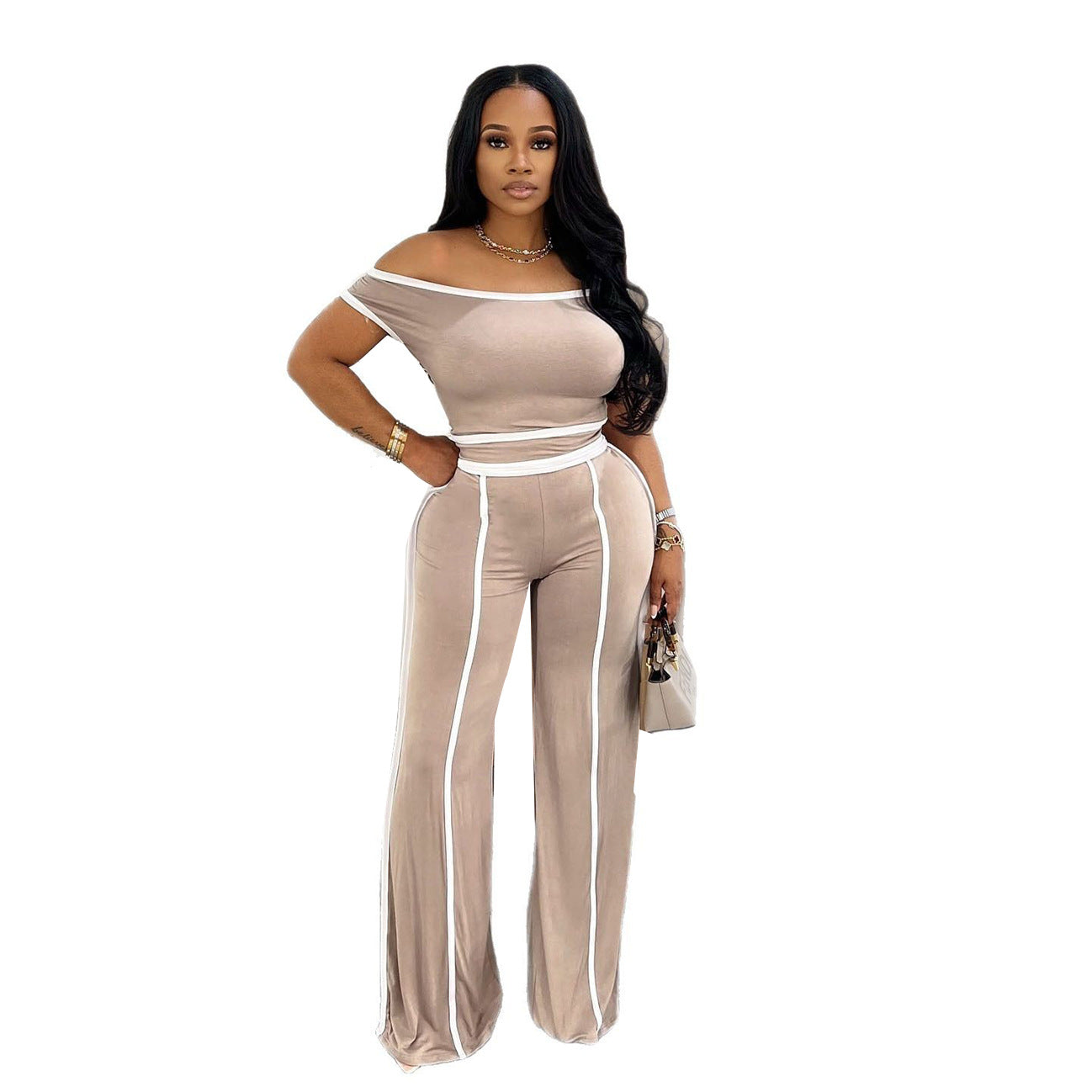 Color Slant Shoulder Wide Leg Two-piece Suits